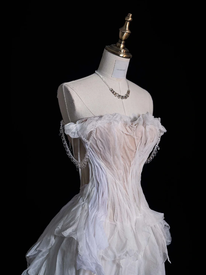 Unique A Line Off the Shoulder White Chiffon Long Sweep Prom Dress Graduation Prom Dress SH2565