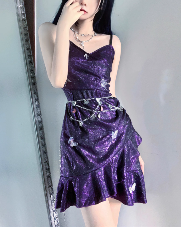 Charming Purple Spaghetti Straps Ruffle Short Homecoming Dress Birthday Outfits S610
