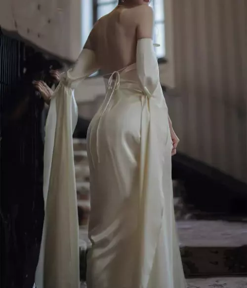 Vintage A line Strapless Long Sleeves White Silk Satin Backless Wedding Dresses P1278