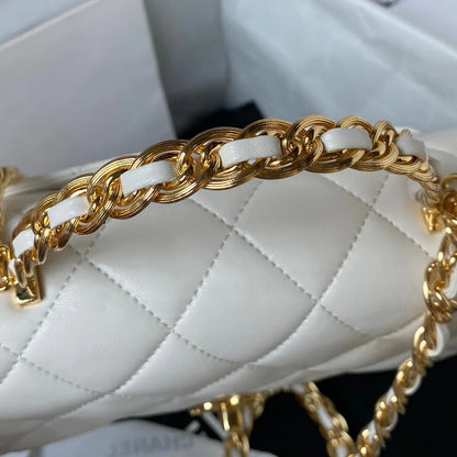 Chanel Flap Bag Gold Top Handle White - 13X21X8cm