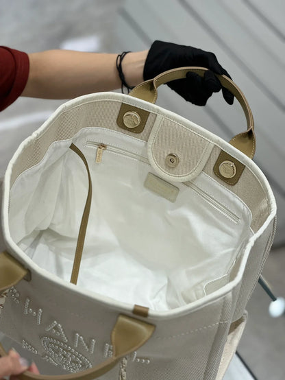 Chanel Natural Canvas and Tan Leather Large Pearl Deauville Tote - 30x39x22cm
