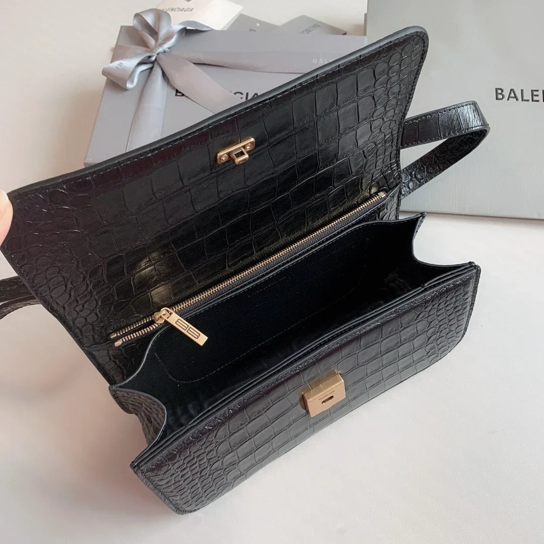 Balenciaga Gossip Small Bag Crocodile Embossed in Black Gold Hardware  23 x 12.4 x 10.4cm