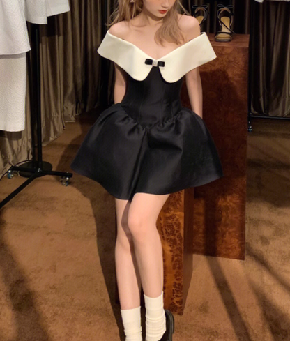 Stunning A Line Off the Shoulder White Black Satin Short Homecoming Dress Birthday Dress SH3026