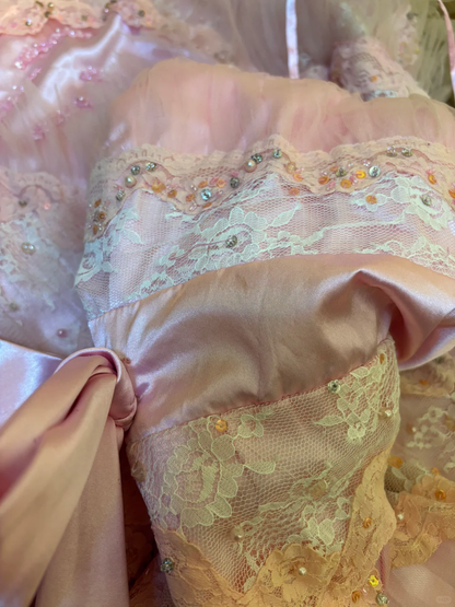 Vintage Pink A Line One Spaghetti Strap Lace Beaded Satin Long Prom Dress Evening Dress SH3735