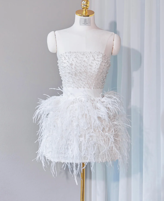 Luxury Strapless Pearls Feathers Homecoming Dress White Short Birthday Dress S308
