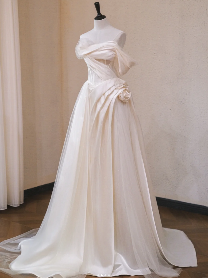 Elegant Off The Shoulder Satin Tulle Pleated White Long Wedding Dress S906