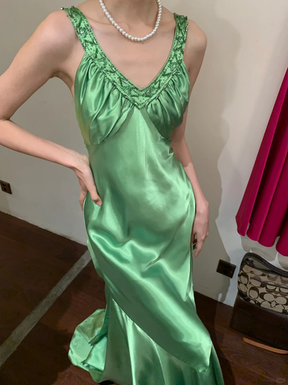 Vintage Mermaid V Neck Beaded Green Satin Long Prom Dress Party Dress SH3034