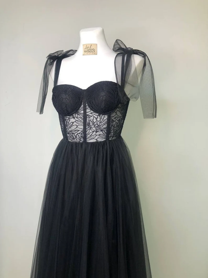 Elegant Black Sweatheart Neck Slit Long Prom Dress Lace Tulle Evening Dress SH615