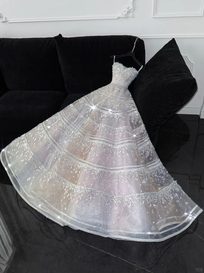 Exquisite White Beaded Ball Gown Strapless Sequin Tulle Prom Dress Party Dress SH3412