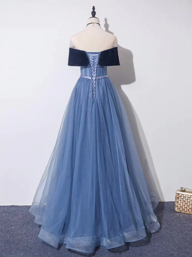 Off Shoulder Tulle Gray Blue Long Prom Dress, Blue Formal Dress SH838