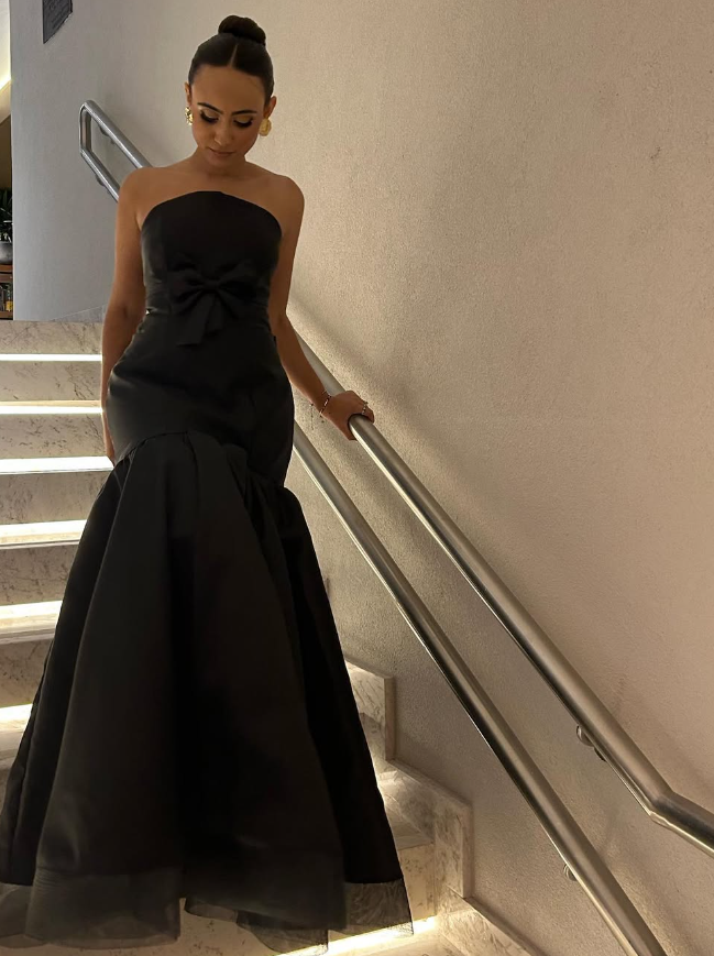 Unique Mermaid Strapless Black Tulle Satin Long Prom Dress Evening Dress with Bow SH2266