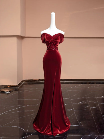 Burgundy Velvet Beading Elegant Fashion Long Mermaid Slim Prom Dress Evening Dress Party Dress gh4877