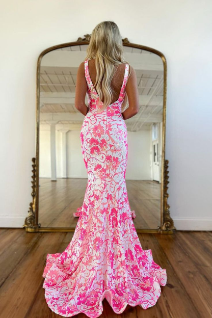 Pink V Neck Sequin Lace Mermaid Prom Dress gh2964
