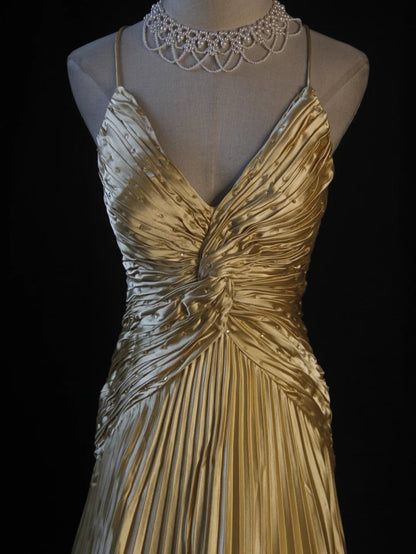 Gold Pleats Vintage Evening Dresses, Sleeveless Long Party Gowns  cg25498