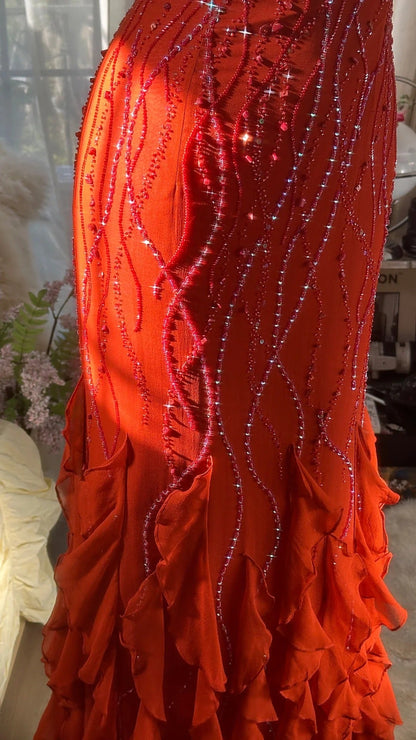 Vintage Evening Dresses, Orange Mermaid Sleeveless Long Party Gowns  cg25529
