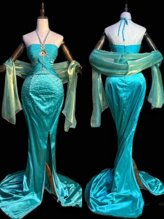 Blue gorgeous exquisite beaded long satin ball gown evening dress party dress gh4498