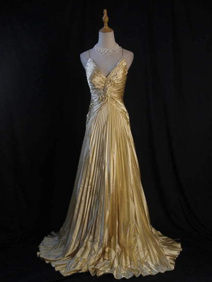 Gold Pleats Vintage Evening Dresses, Sleeveless Long Party Gowns  cg25498
