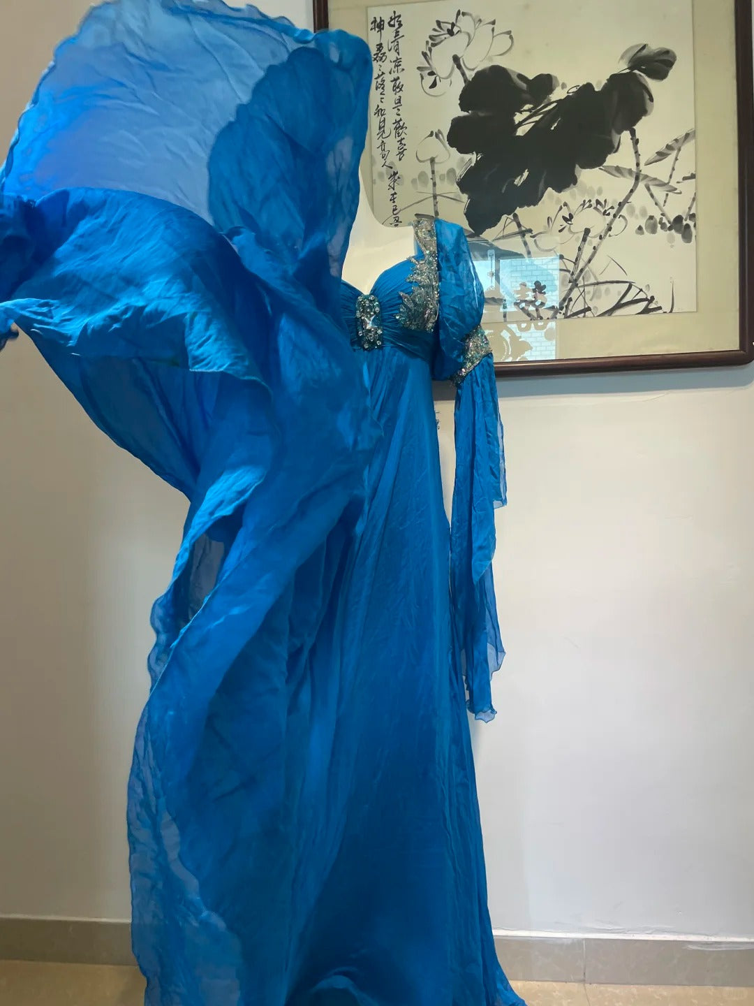 Blue Vintage Long Sleeve Beaded Long Chiffon Prom dresses Evening Gown Party Dress gh4941