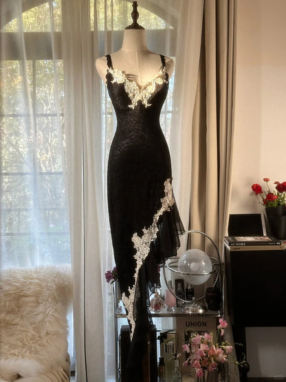 Black Lace Vintage Evening Dresses, Sleeveless Long Party Gowns  cg25503