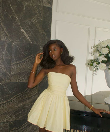 Light Yellow Strapless Homecoming Dresses Mini Prom Party Dress       fg6071