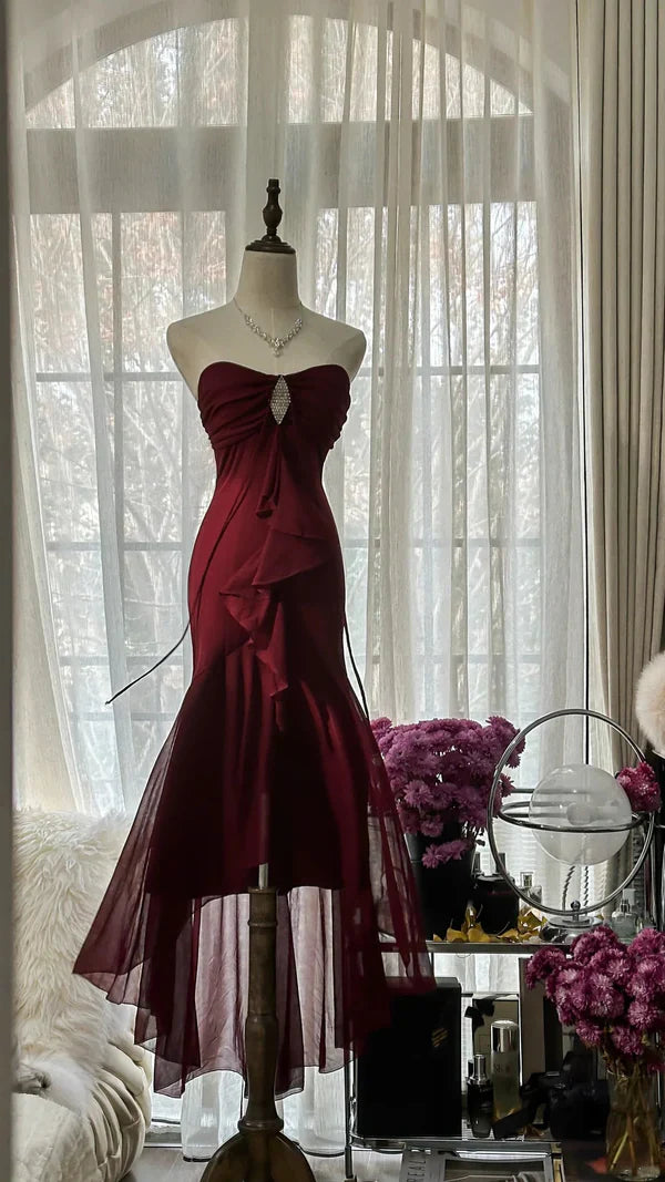 Burgundy Vintage Elegant Exquisite Gem Beaded Long Chiffon Evening Gown Sleeveless Ball Gown Birthday/Wedding Guest Party Dress gh4101