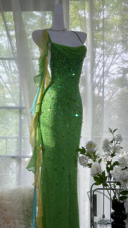 Vintage Evening Dresses, Green Sequin Mermaid Sleeveless Long Party Gowns  cg25530
