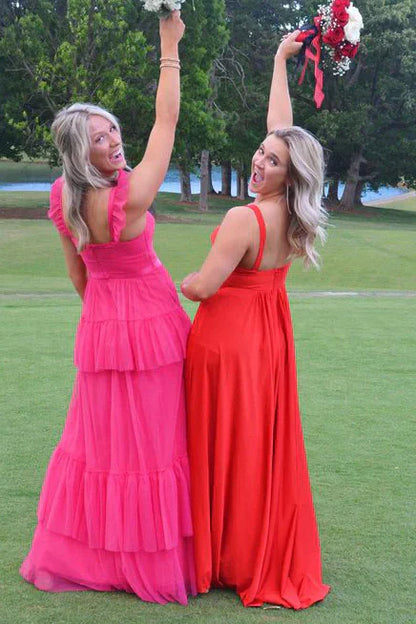 Pink fuchsia fashion elegant tulle flying sleeves shoulder straps long ruffled tulle formal floor-length prom dress evening gown party dress graduation dress gh2796