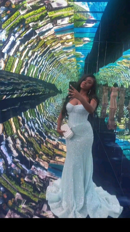 Glitter Light Blue Mermaid Long Prom Dresses Wedding Party Dress