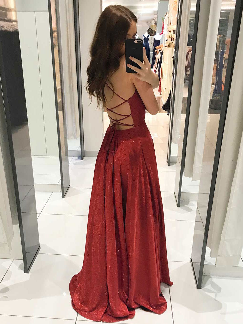 Simple v neck A line long prom dress, burgundy evening dress