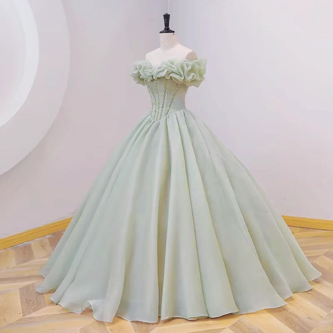 Green fairy gentle beaded long satin ball gown evening dress gh4359