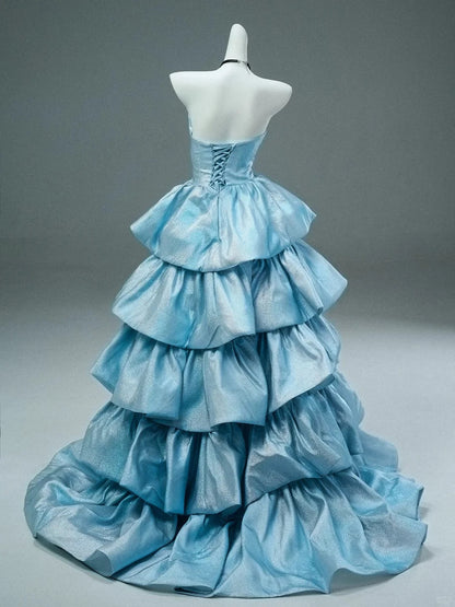 Shiny Stunning Blue Fashionable Elegant Long Satin Delicate Beads Floor Length Tiered Ruffled Ball Gown Evening Gown Graduation Gown Quinceañera Gown gh3841