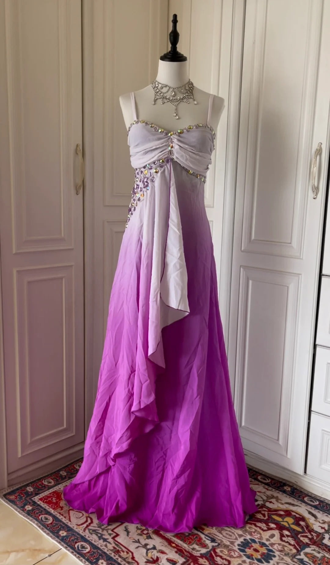 Pink Purple Gradient Fashion Elegant Retro Rhinestone Long Chiffon Ball Gown Evening Dress gh4339