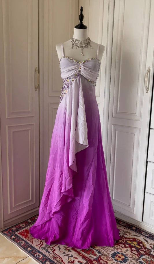 Pink Purple Gradient Fashion Elegant Retro Rhinestone Long Chiffon Ball Gown Evening Dress gh4339