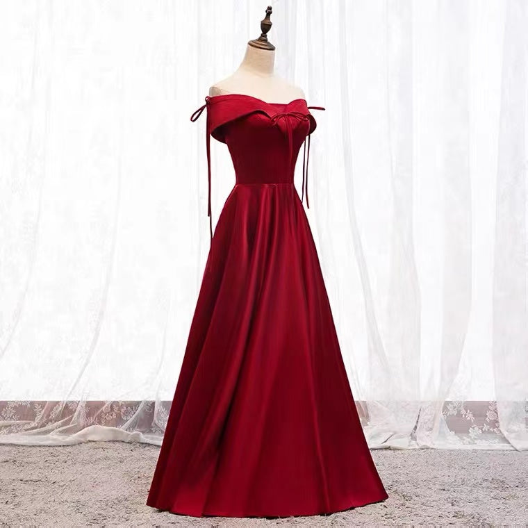 A-Line Burgundy Satin Off the Shoulder Prom Dress    cg19183