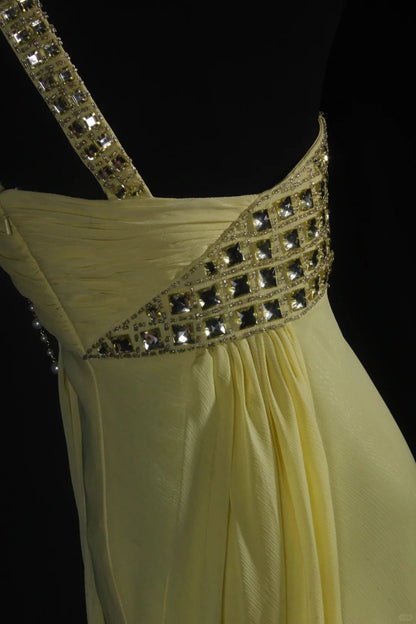 Yellow One Shoulder Chiffon Vintage Evening Dresses, Sleeveless Long Party Gowns  cg25500
