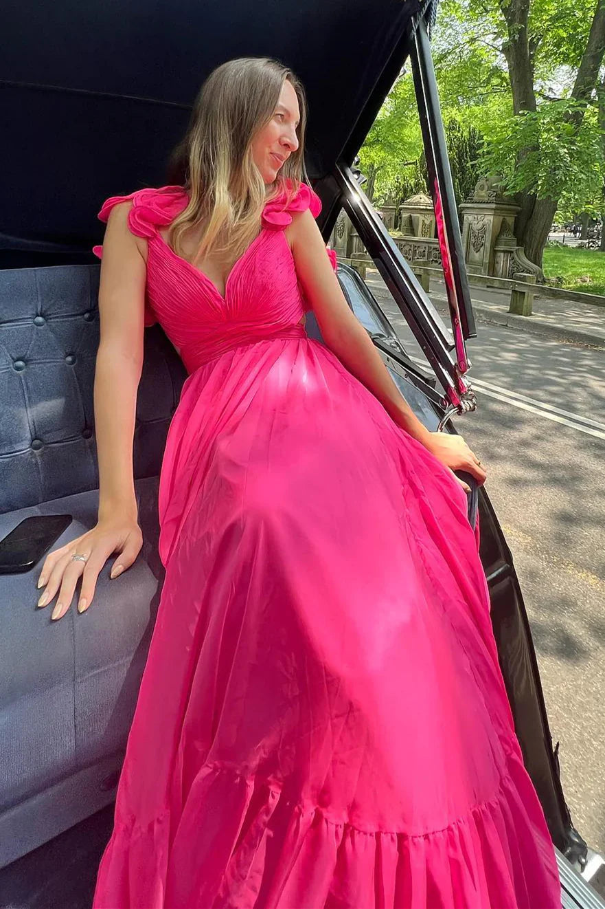 Fuchsia V-Neck Chiffon A-Line Long Prom Dress
