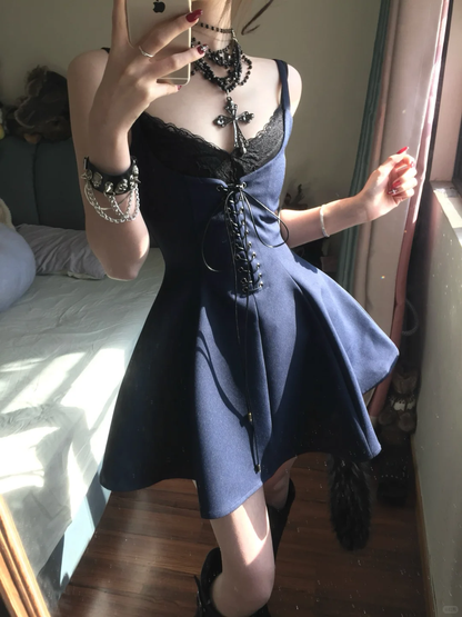 Vintage A Line Straps Black Lace Navy Blue Satin Short Homecoming Dress Cocktail Dress SH3240