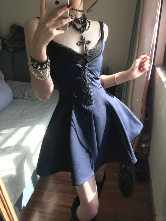 Vintage A Line Straps Black Lace Navy Blue Satin Short Homecoming Dress Cocktail Dress SH3240