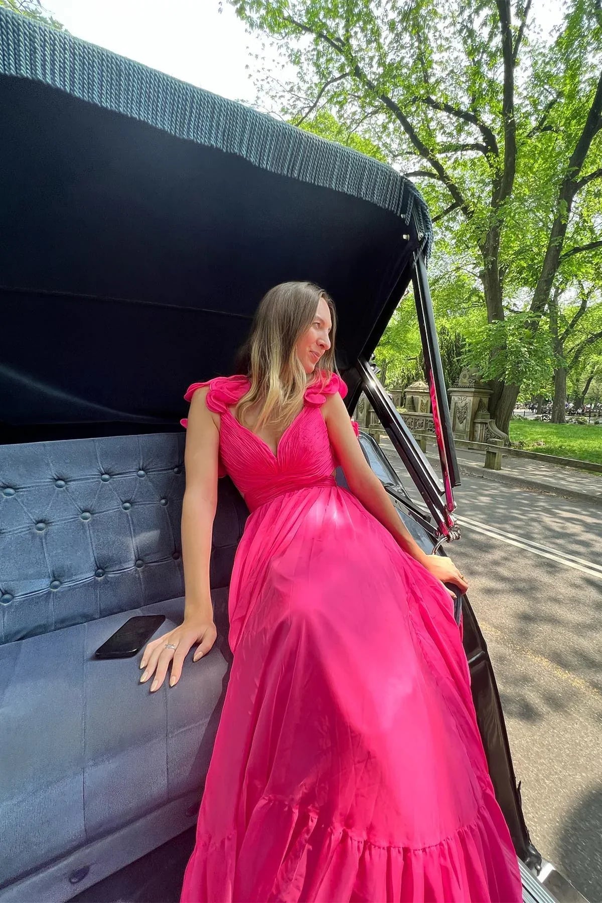 Fuchsia V-Neck Chiffon A-Line Long Prom Dress