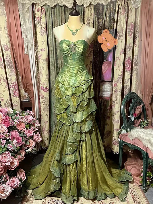 Green Fashion Retro Elegant Exquisite Rhinestone Sweet Elegant Long Tulle Satin Floor Length Ball Gown Evening Gown gh4157