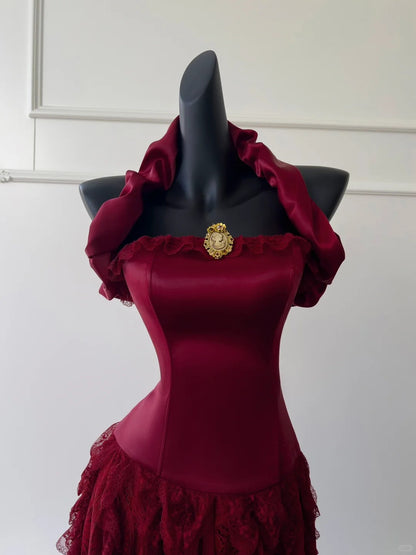 Burgundy Vintage Long Satin Ball Gown Birthday Party Dress Evening Dress gh4409