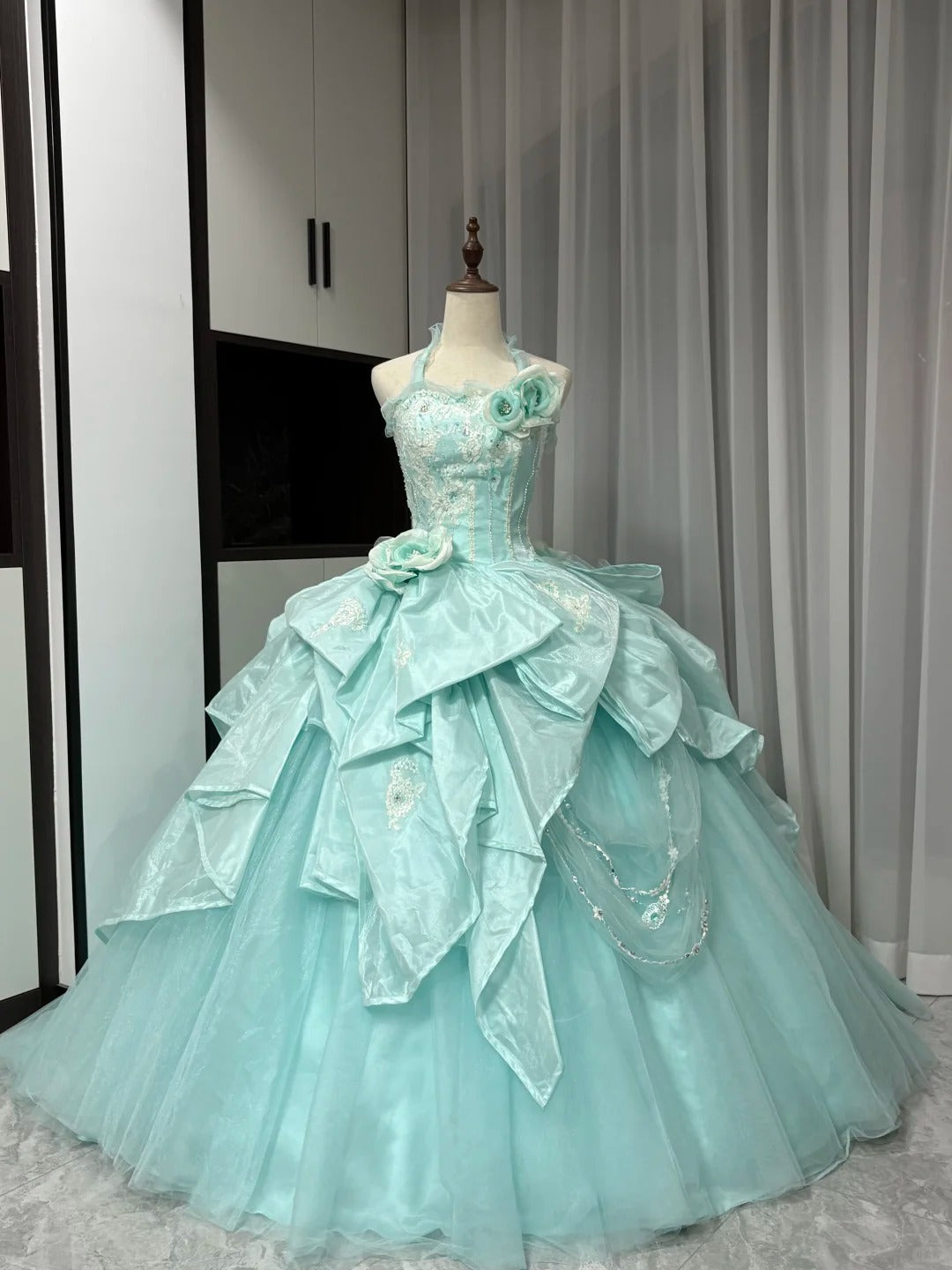 Mint Green Gorgeous Beaded Long Satin Tulle Ball Gown Evening Dress gh4827
