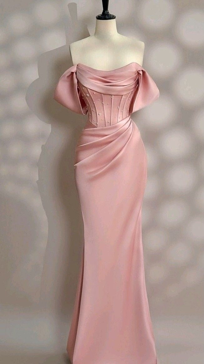 Long Pink Satin Prom Dress Off Shoulder Prom Dress Evening Party Gowns    fg7426