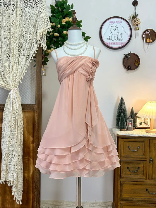 Pink Floral Ruffle Short Tulle Cute Sweet Homecoming Dress Birthday Party Dress gh4262