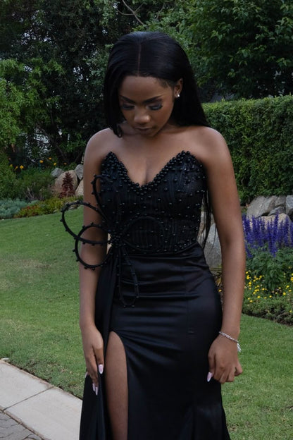 Black Strapless Pearls Prom Party Dress Formal Evening Dress    fg7522