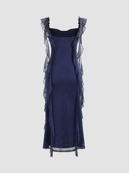 Cowl Neck Sequin Ruffle Maxi Dress Navy Blue Evening Dress      cg25206