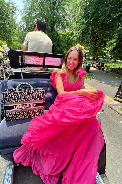 Fuchsia V-Neck Chiffon A-Line Long Prom Dress