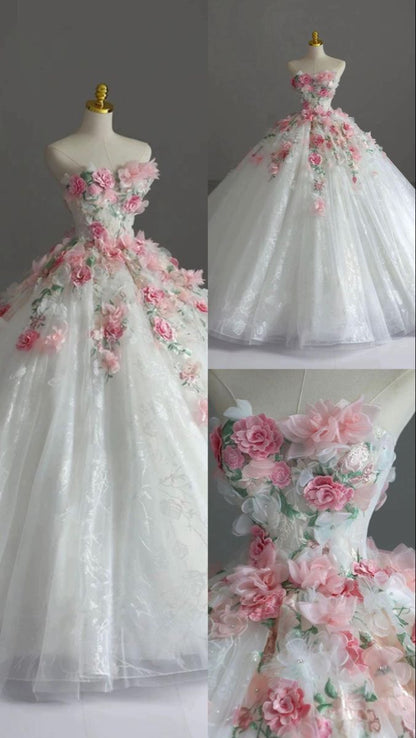 Flower Fairy White Lace Appliques Flower Wedding Dress 2025 Ball Gown Strapless Sleeveless Backless Court Train Wedding Dress   cg25904