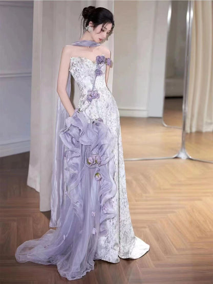 Lilac Strapless Long Prom Dresses Vintage Formal Evening Dress  fg7589