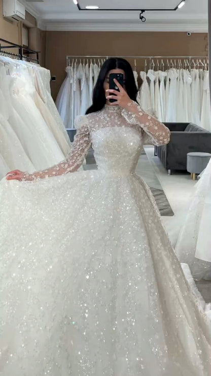 Luxury A-line Wedding Dress Square Neck Long Sleeves Lace Sequin Bridal Gown     cg26038
